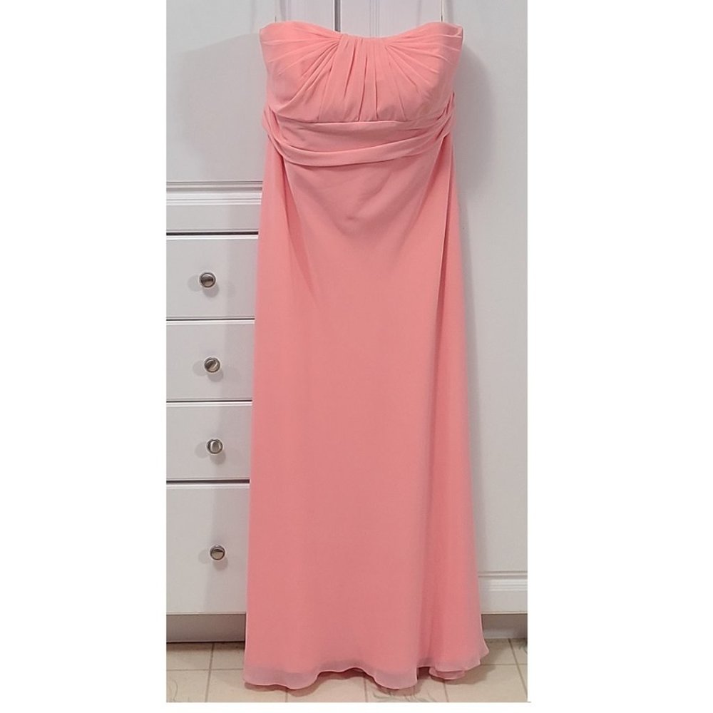 Full length strapless peach dress